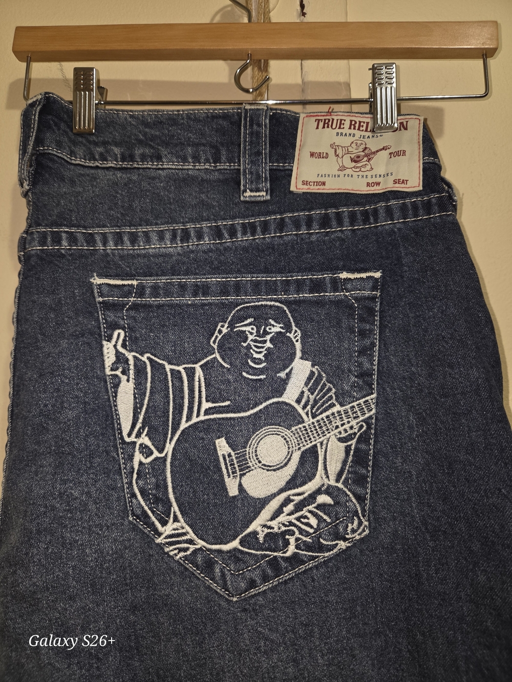 True Religion Men’s Indigo Denim Jeans with White Embroidered Pocket